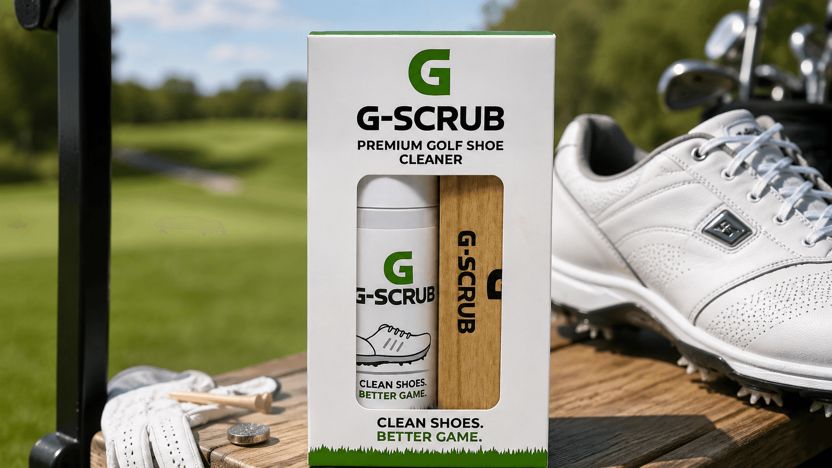 G-SCRUB Shoe Cleaner Kit resting on a clubhouse bench next to golf clubs and a clean golf shoe